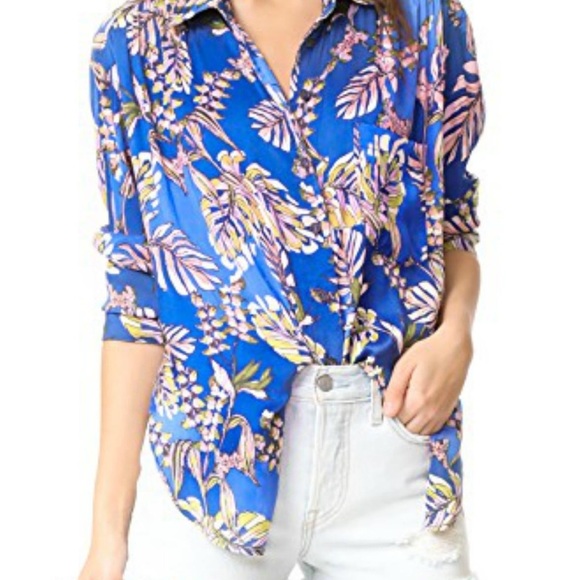 Free People Under the Palms Blue Hawaiian Boho Satin Button Down blouse - Picture 3 of 10